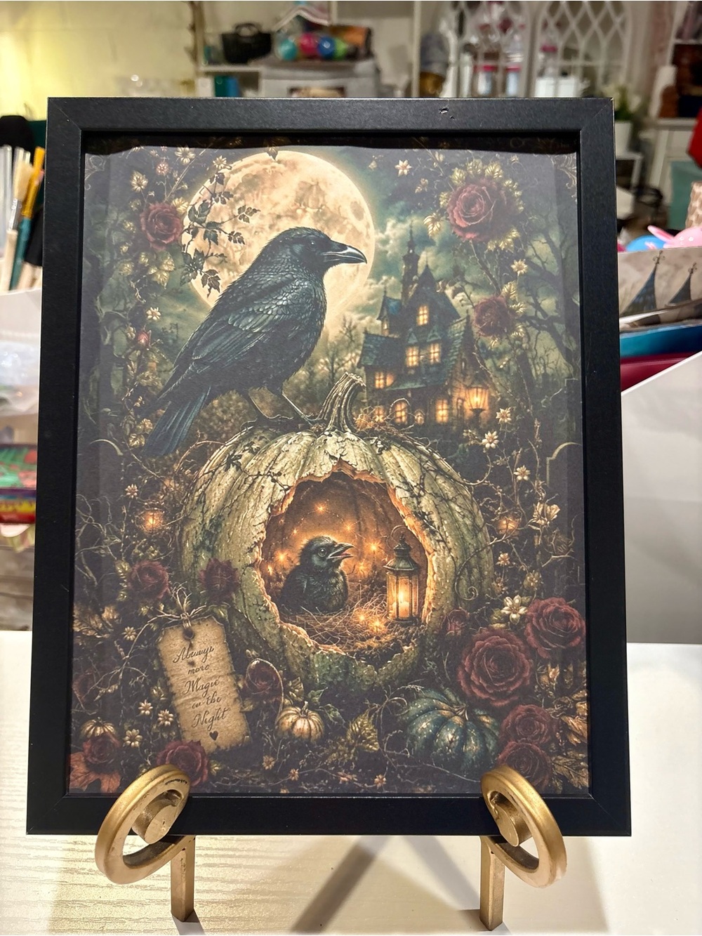 Framed Gothic Crow & Pumpkin Night 8x10 Art Print - Black Frame